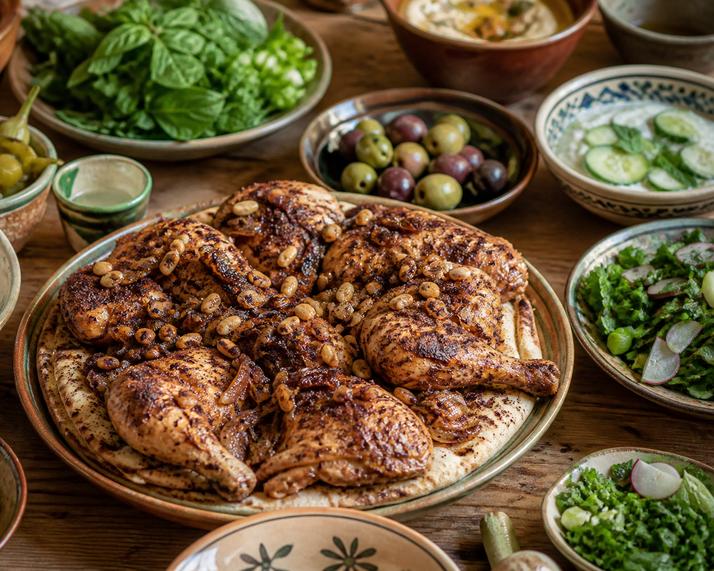 Traditional Palestinian musakhan served with olives and fresh salads