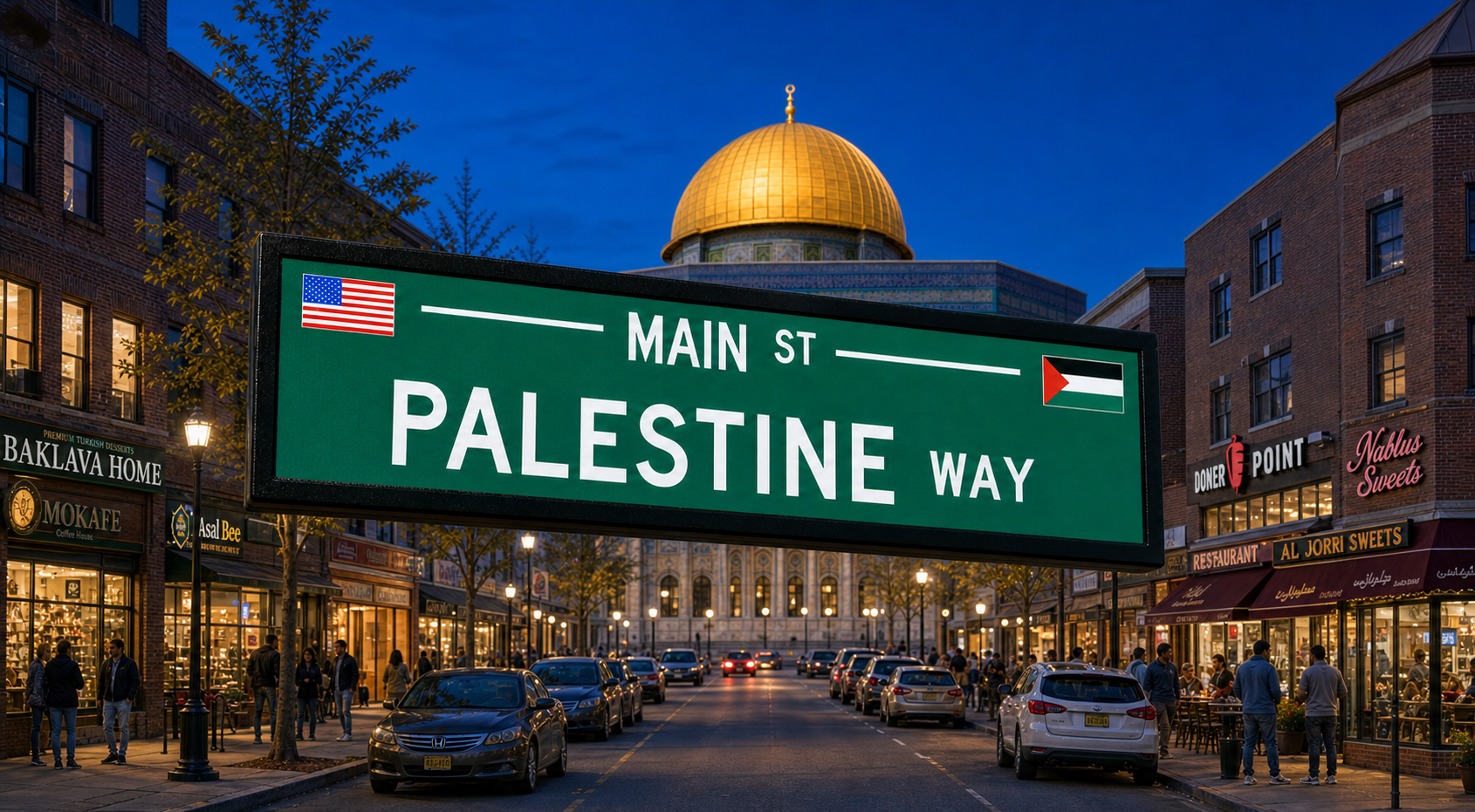 Palestine Way street sign with the United States and Palestinian flags, the Dome of the Rock, and real Palestine Way businesses including Baklava Home, Mokafe, Asal Bee, Doner Point, Nablus Sweets, and Al Jorri Sweets